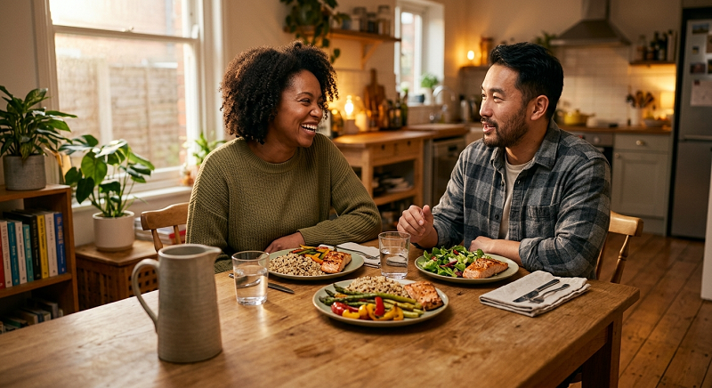 Couple enjoying a balanced meal as part of a sustainable healthy lifestyle
