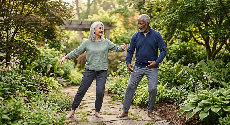 Older adults practicing gentle tai chi movements for balance and stability