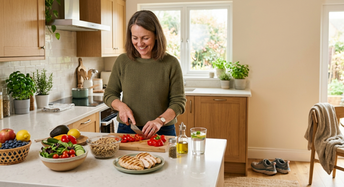 Healthy adult preparing a balanced meal as part of sustainable weight management