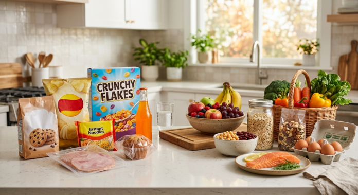 Ultra-processed foods displayed alongside fresh whole foods in a modern kitchen