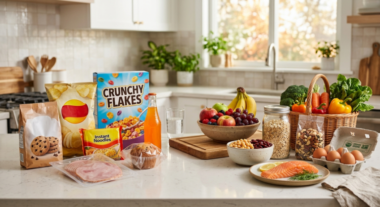 Ultra-processed foods displayed alongside fresh whole foods in a modern kitchen