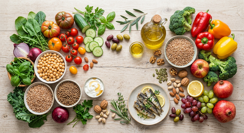 Healthy Mediterranean diet foods including vegetables, fruits, beans, whole grains, nuts, fish, and olive oil