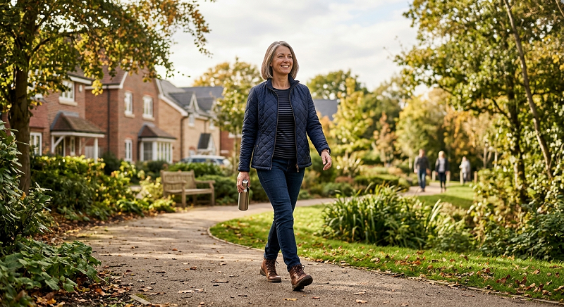 Adult taking a brisk walking break during the workday. Exercises