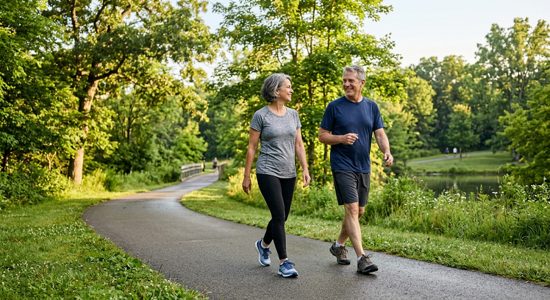 Active couple over 50 enjoying a brisk walk in a park. Exercises