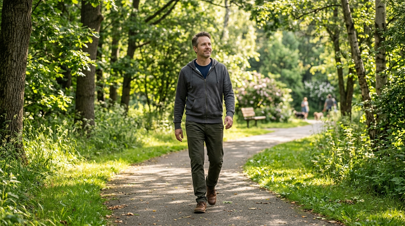 Man taking a relaxing walk in a park to reduce stress naturally