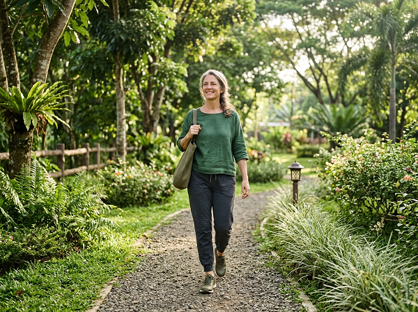 Woman taking a relaxing walk outdoors to reduce stress