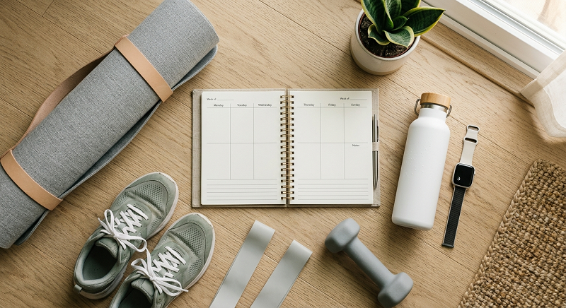 Home workout equipment and planner for a weekly exercise routine