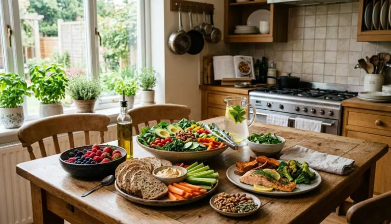 What a healthy diet looks like with vegetables, fruit, whole grains, protein, and healthy fats